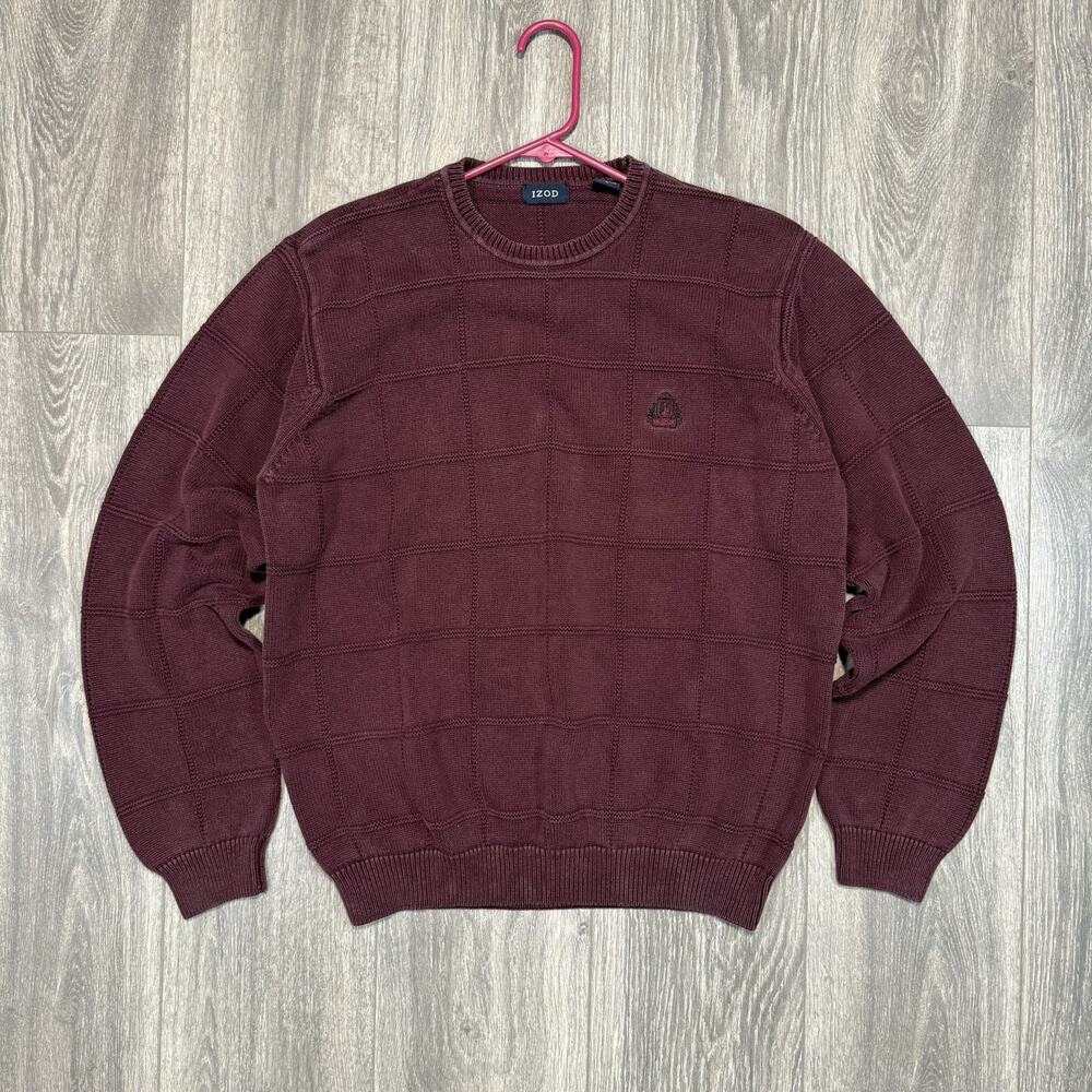 Vintage Izod Mens Sweater Size L Plum Block Knit Long Sleeve Embroidered Logo